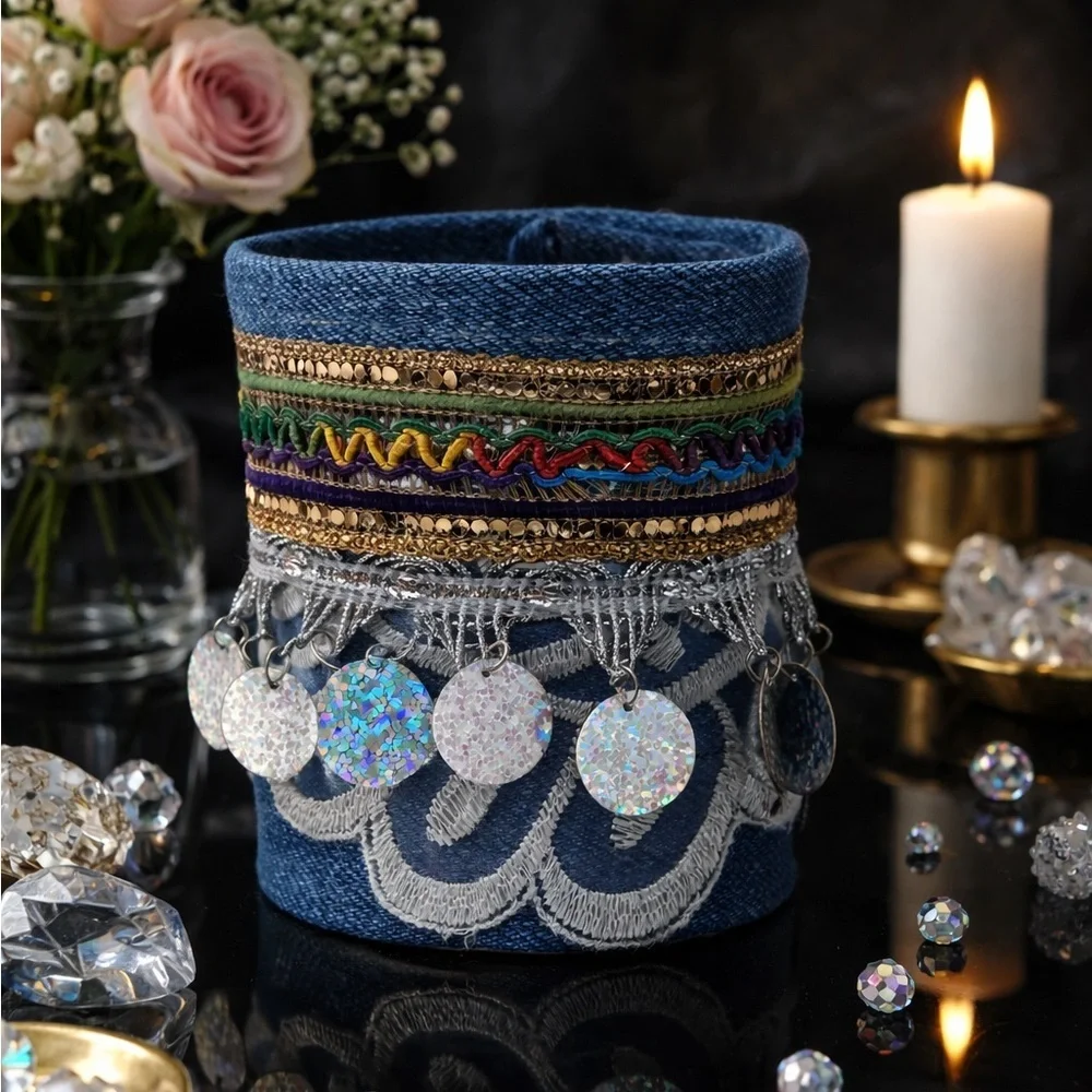 RUBYRUDI Cuff Bracelet Handcrafted OOAK Fabric Embellished Artisan Wearable Art